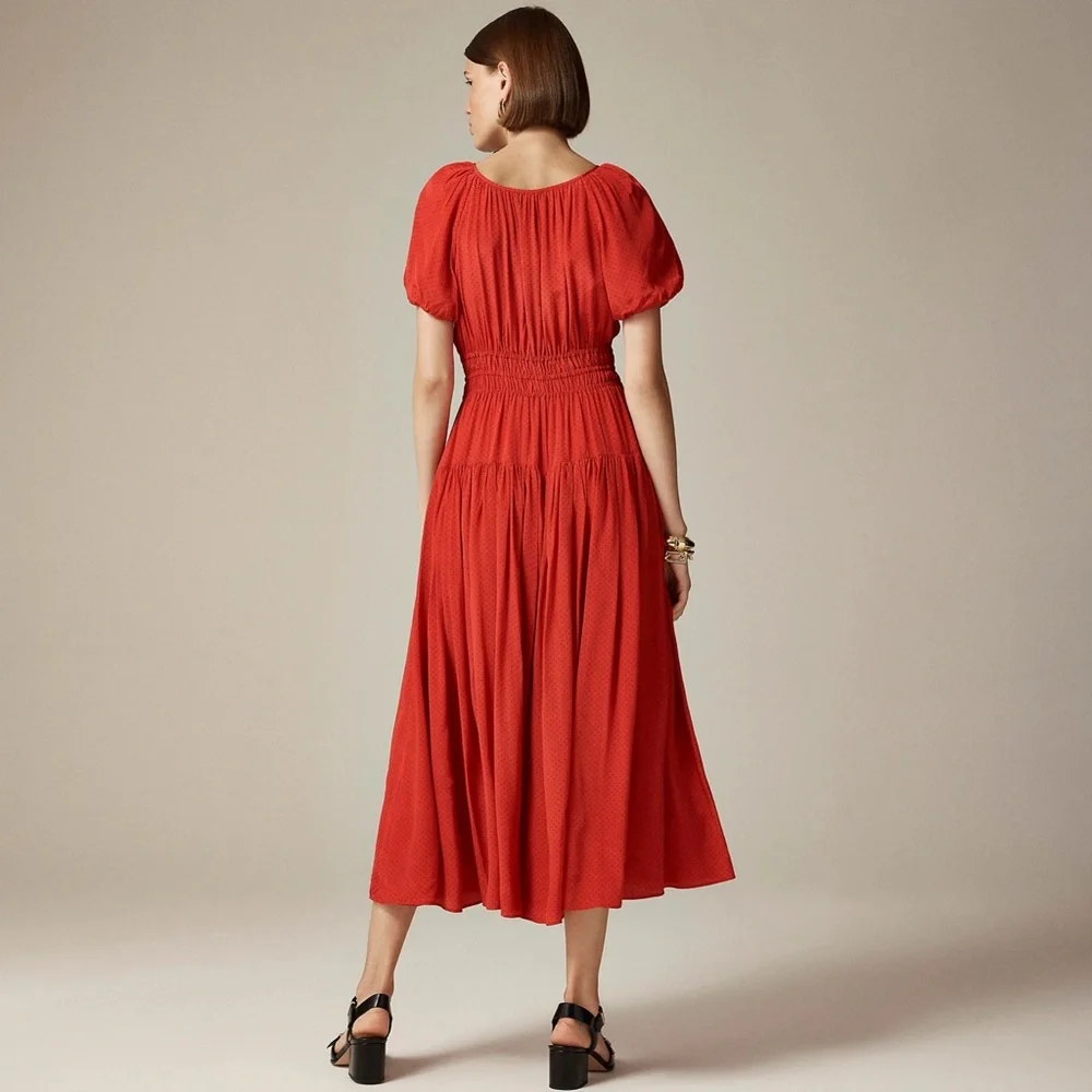 New JCREW Sz S Elena Puff-Sleeve Dress in Dotted Crepe de Chine Ruby $188 CF774 - Picture 3 of 5